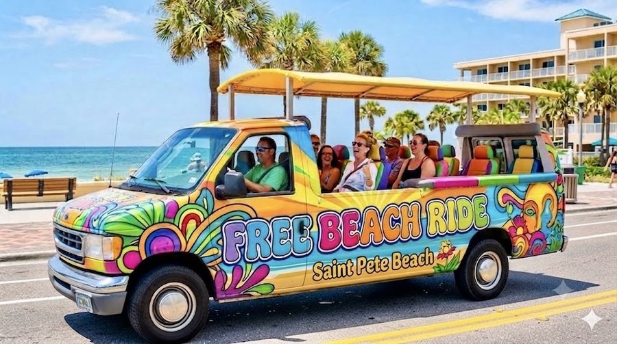 A colorful Free Beach Ride shuttle van full of passengers, driving along St. Pete Beach with palm trees in the background